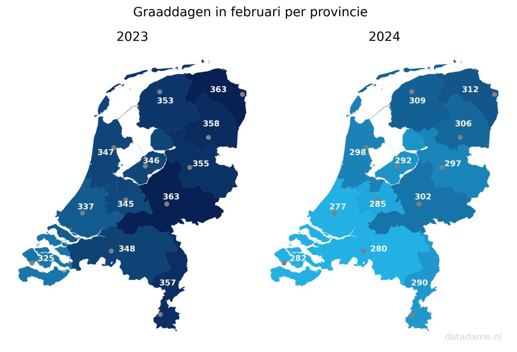 Graaddagen per provincie in februari 2024